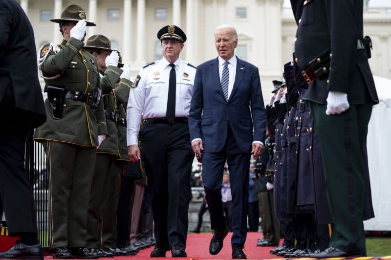 President Joe Biden arrives on Wednesday at the National Peace Officers' Memorial Service at the U.S. Capitol in Washington, DC. President John F. Kennedy in Oct. 1962 had designated May 15th as National Peace Officers’ Memorial Day. And in honor of Peace Officers Memorial Day, flags across the United States on Wednesday are flown at half-staff. Photo by Bonnie Cash/UPI