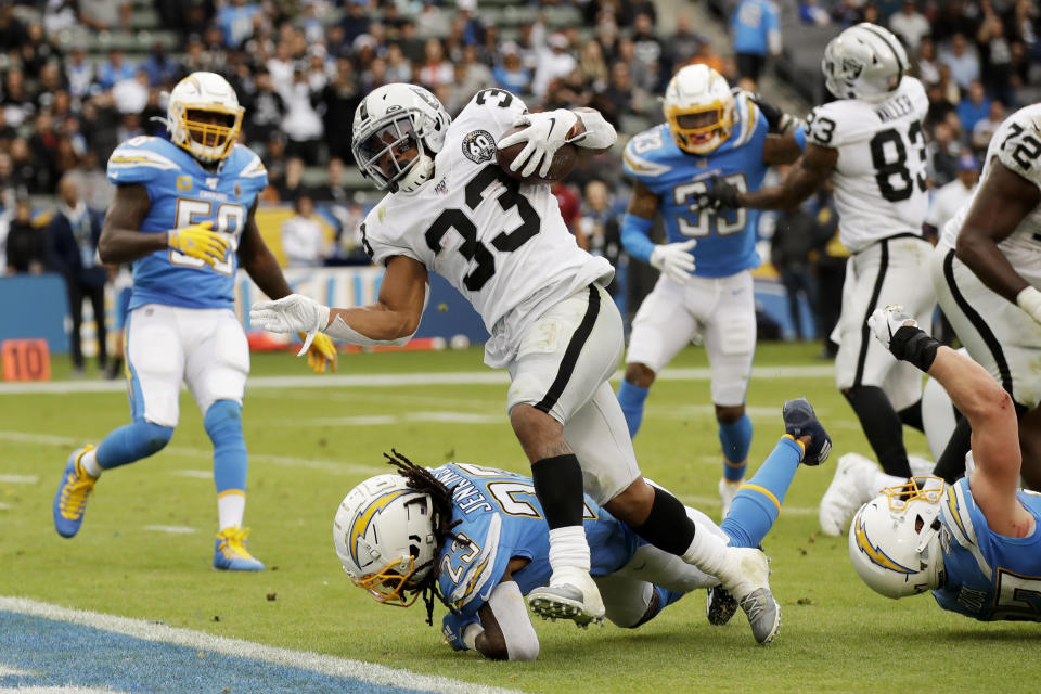 Oakland Raiders running back DeAndre Washington scores poverties Los Angeles Chargers strong safety Rayshawn Jenkins during the second half of an NFL football game Sunday, Dec. 22, 2019, in Carson, Calif. (AP Photo/Marcio Jose Sanchez)