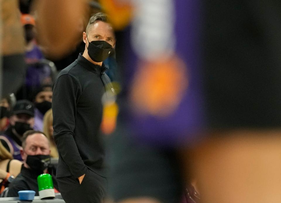 Feb 1, 2022; Phoenix, Arizona, United States;  Brooklyn Nets head coach Steve Nash watches his team play against the Phoenix Suns during the first quarter at Footprint Center. Mandatory Credit: Michael Chow-Arizona Republic