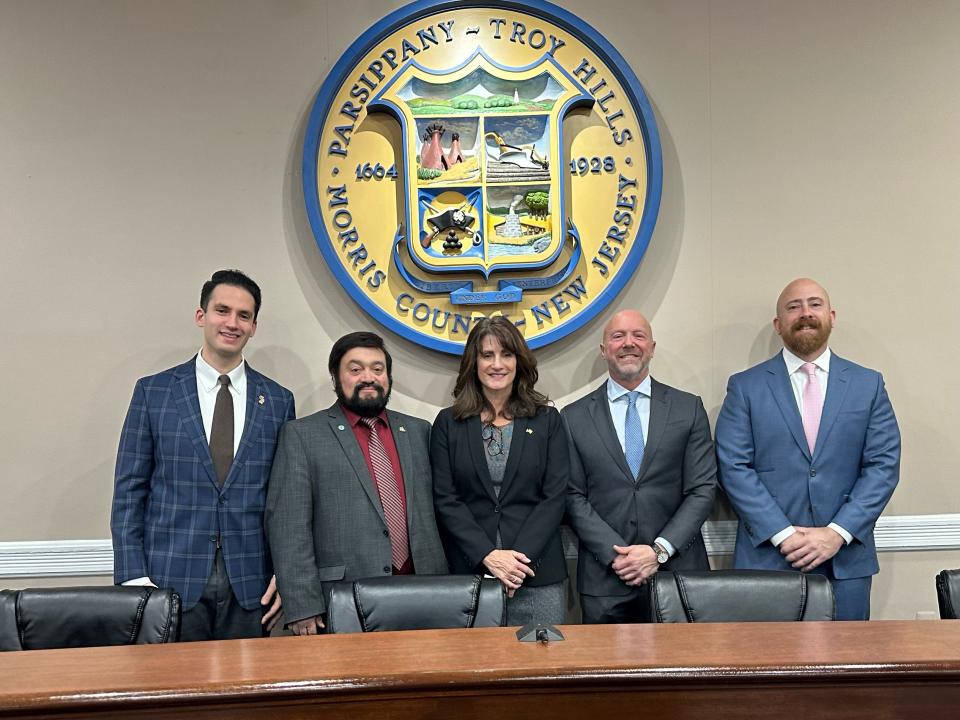The new Parsippany Council at its 2024 inauguration ceremony on Jan. 1, 2024: from left are Justin Musella, Vice President Frank Neglia, Judy Hernandez, President Paul Carifi Jr. and Matt McGrath.
