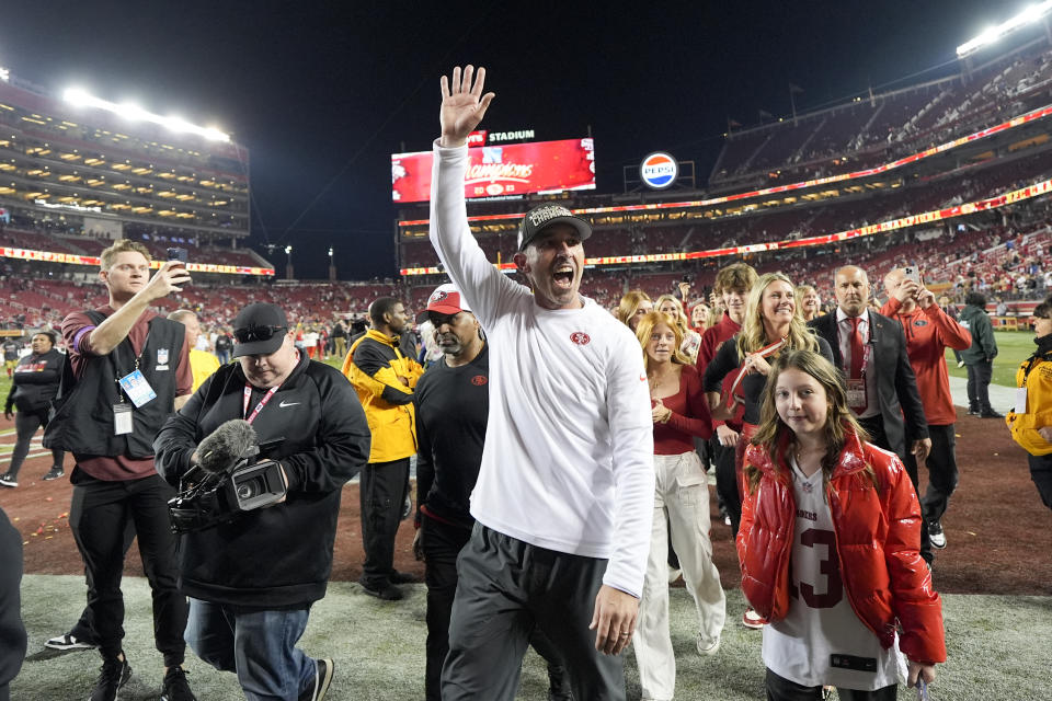 San Francisco 49ers head coach Kyle Shanahan waves after their win against the Detroit Lions in the NFC Championship NFL football game in Santa Clara, Calif., Sunday, Jan. 28, 2024. (AP Photo/David J. Phillip)