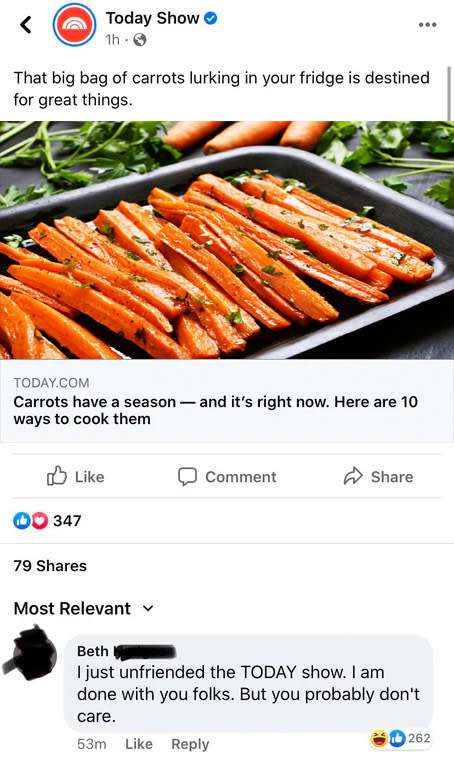 person named beth commenting on a post abbout carrots that they have unfriended them