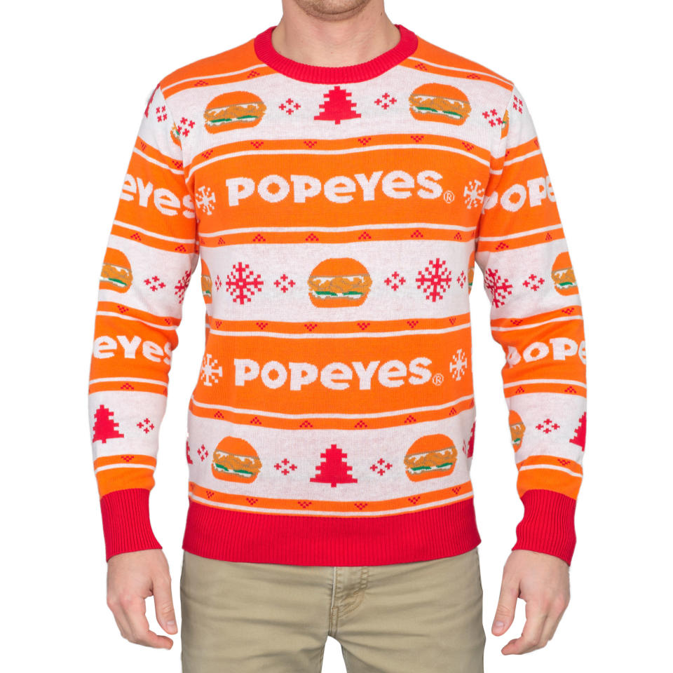 Popeye's chicken sandwich ugly Christmas sweater (Credit: uglychristmassweater.com)