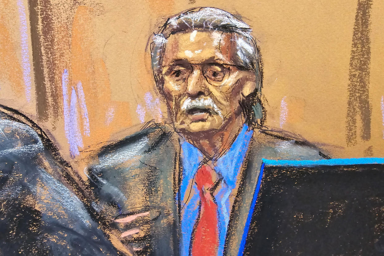 A courtroom sketch of David Pecker as he is being questioned by prosecutor Joshua Steinglass.