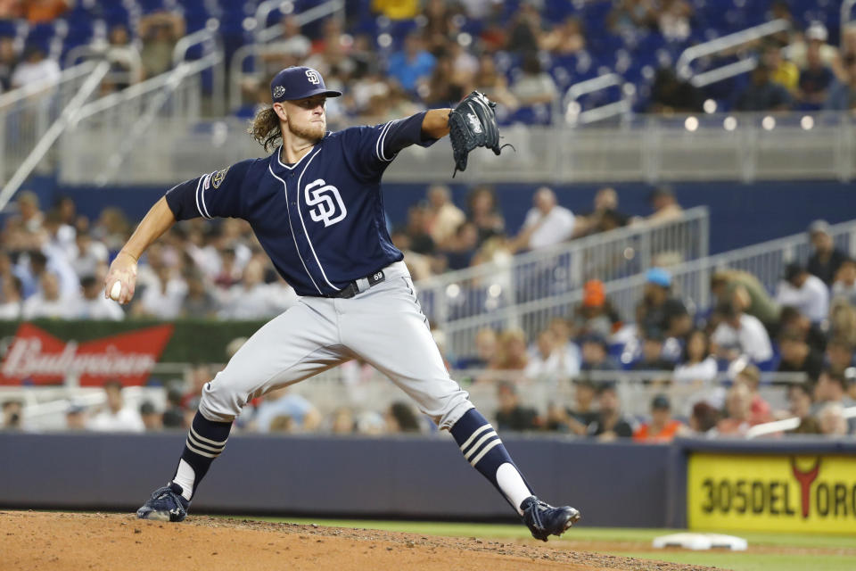 San Diego Padres' Chris Paddack pitches during the sixth inning of the team's baseball game against the Miami Marlins, Wednesday, July 17, 2019, in Miami. Paddack lost his no-hit bid when Marlins' Starlin Castro led off the eighth inning with a home run. The Padres won 3-2. (AP Photo/Wilfredo Lee)