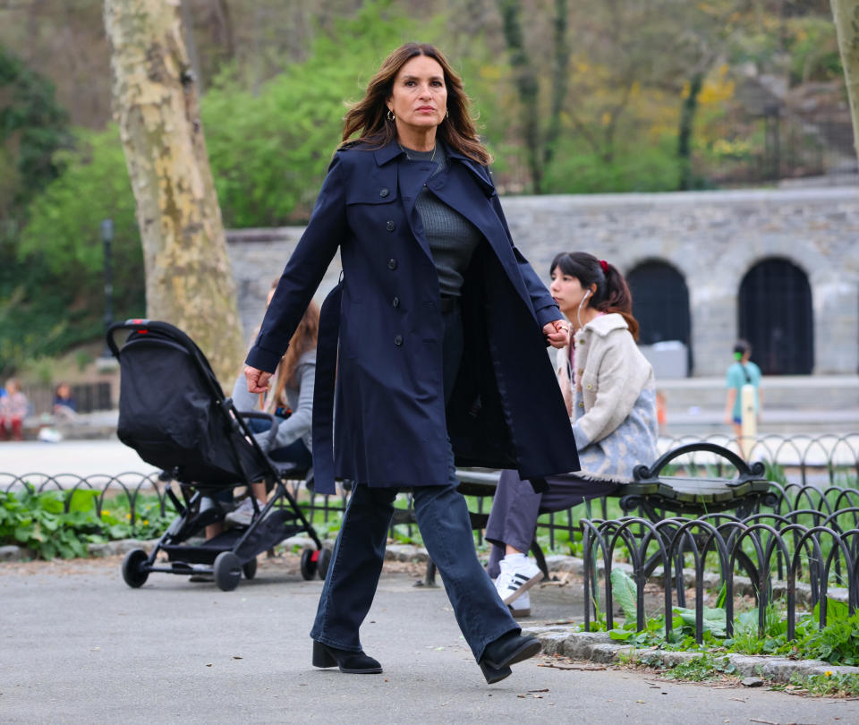 NEW YORK, NY – APRIL 10: Mariska Hargitay is seen at the film set of the ‘Law and Order: Special Victims Unit’ TV Series on April 10, 2024 in New York City. (Photo by Jose Perez/Bauer-Griffin/GC Images)