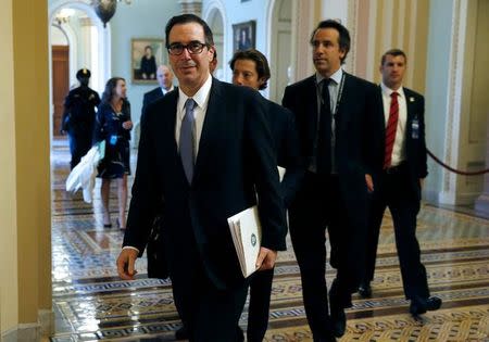 U.S. Secretary of the Treasury Steven Mnuchin arrives for a meeting on tax reform with Senate Majority Leader Mitch McConnell (R-KY) (not pictured) and Speaker of the House Paul Ryan (R-WI) (not pictured) on Capitol Hill in Washington, U.S., April 25, 2017. REUTERS/Joshua Roberts