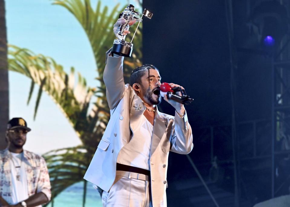 Bad Bunny performs at Yankee Stadium for the 2022 MTV VMAs broadcast on August 28, 2022 in New York City.