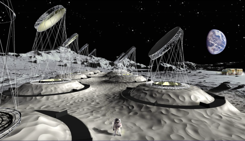 artist's impression of satellite dishes on the moon's surface with the earth in the background