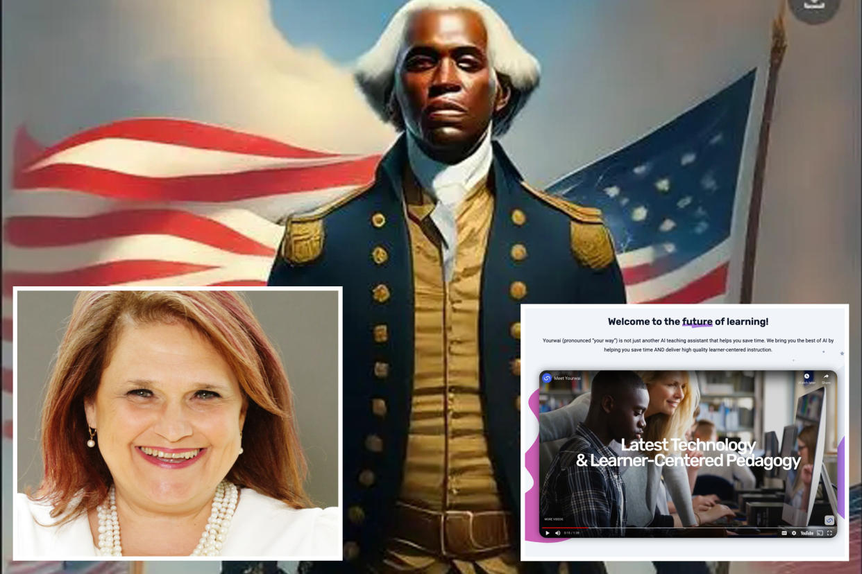 Brooklyn North Superintendent Janice Ross, bottom left inset; screenshot of YourWai website, the new AI tool being used to create teacher lesson plans, bottom right inset; main photo of black George Washington created by AI.