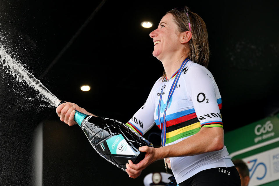 ALASSIO ITALY  JULY 06 Annemiek Van Vleuten of The Netherlands and Movistar Team celebrates at podium as stage winner during the 34th Giro dItalia Donne 2023 Stage 7 a 1091km stage from Albenga to Alassio  Santuario della Guardia 551m  UCIWWT  on July 06 2023 in Alassio Italy Photo by Dario BelingheriGetty Images