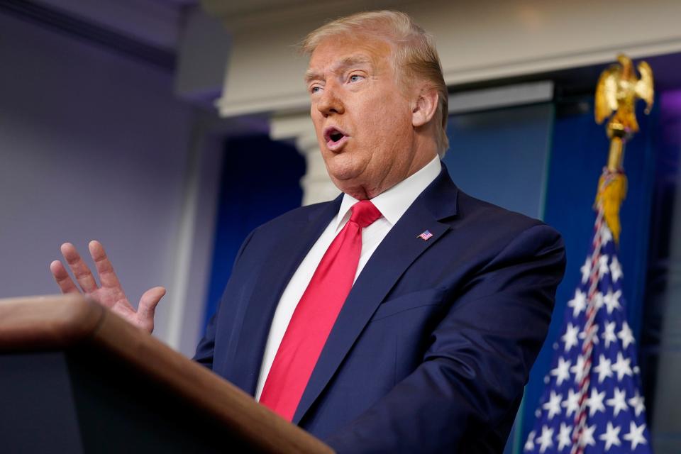 President Donald Trump speaks during a news briefing at the White House on Thursday, July 2, 2020, in Washington.