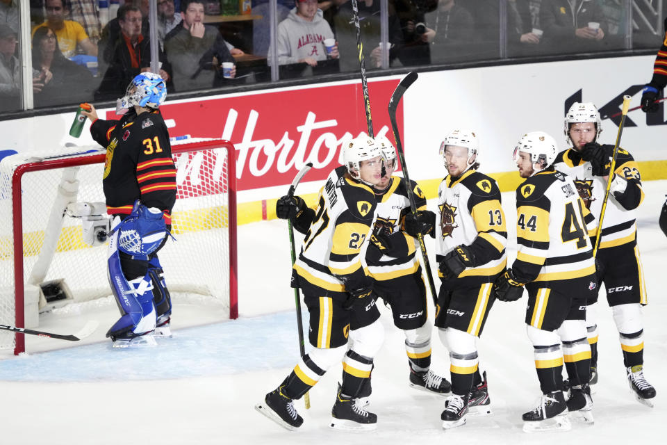 Members of the Hamilton Bulldogs celebrate a first period goal in front of Saint John Sea Dogs goaltender Nikolas Hurtubise (31) during a Memorial Cup hockey game in Saint John, Canada, on Monday, June 20, 2022. (Darren Calabrese/The Canadian Press via AP)