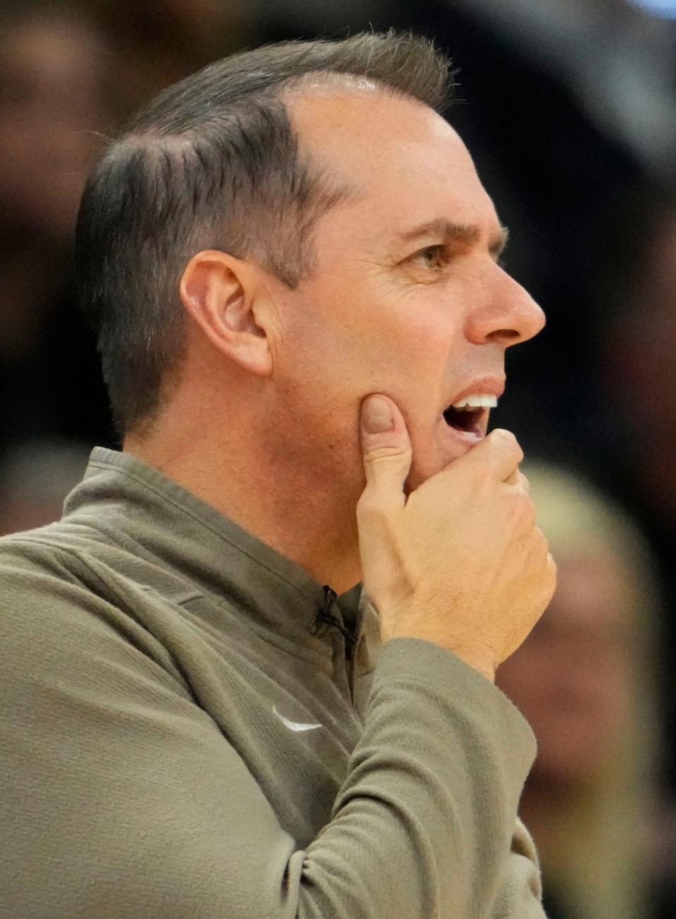 Phoenix Suns head coach Frank Vogel reacts during action against the Denver Nuggets in the first half at Footprint Center on Dec 1, 2023.