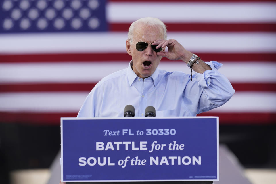 Democratic presidential candidate former Vice President Joe Biden speaks at a drive-in rally at Broward College, Thursday, Oct. 29, 2020, in Coconut Creek, Fla. (AP Photo/Andrew Harnik)