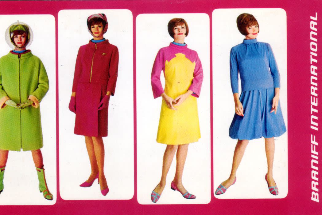 braniff international advertisement with four different flight attendant outfits