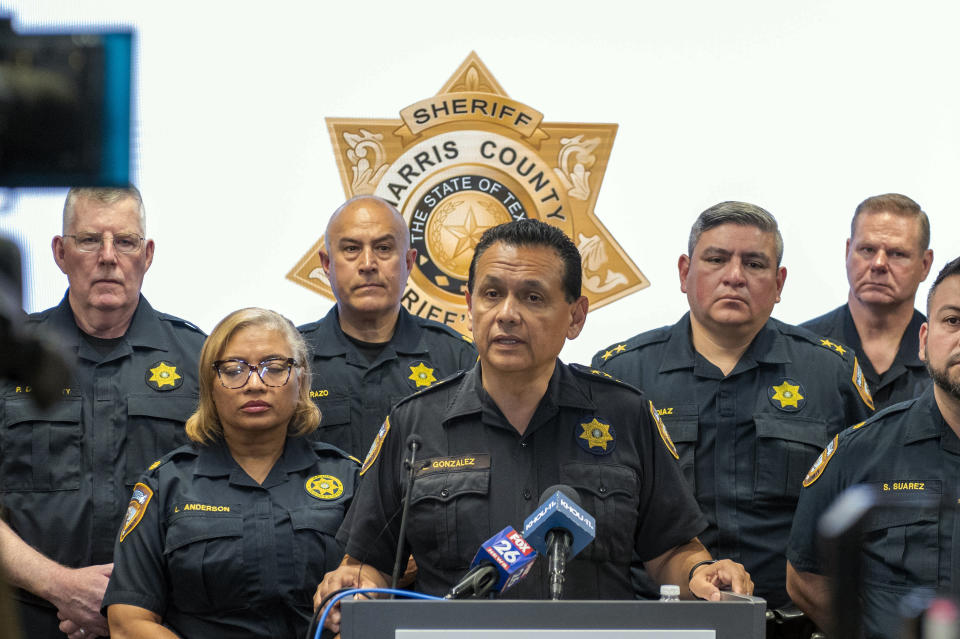 Harris County Sheriff Ed Gonzalez makes a statement as Deputy John Hampton Coddou is treated at Memorial Hermann Medical Center after he was struck by a vehicle, Tuesday, April 23, 2024, in Houston. Coddou, who was hit while assisting at a crash scene on the Grand Parkway at Cumberland Ridge Drive Tuesday morning, was transported by Life Flight to Memorial Hermann where he later died. (Kirk Sides/Houston Chronicle via AP)