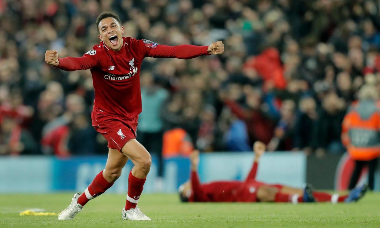 <span>Trent Alexander-Arnold celebrates Liverpool’s stunning 4-0 victory over Barcelona in May 2019.</span><span>Photograph: Tom Jenkins/The Observer</span>