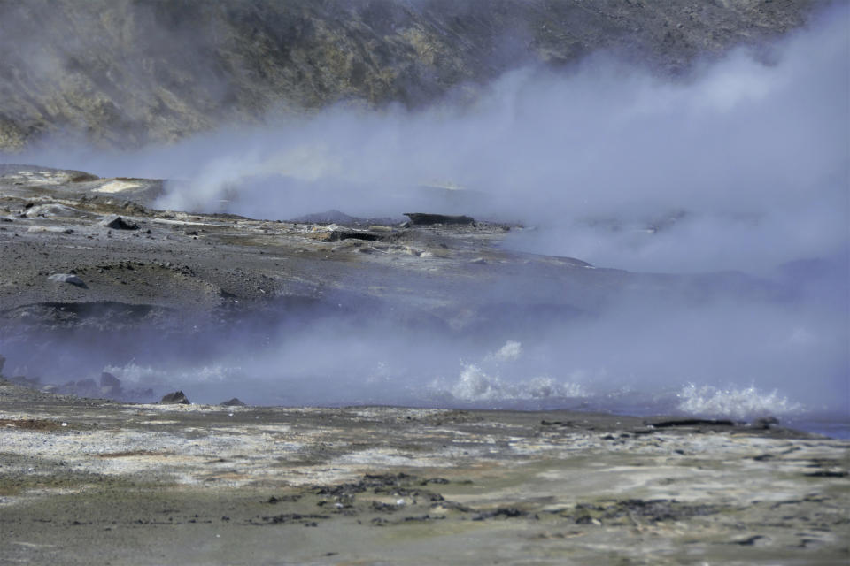 This August 2019 photo released by the National Oceanic and Atmospheric Administration Fisheries (NOAA) shows steam from volcanic vents rising on Bogoslof Island, Alaska. Alaska's northern fur seals are thriving on an island that's the tip of an active undersea volcano. Numbers of fur seals continue to grow on tiny Bogoslof Island despite hot mud, steam and sulfurous gases spitting from vents on the volcano. (Maggie Mooney-Seus/NOAA Fisheries via AP)