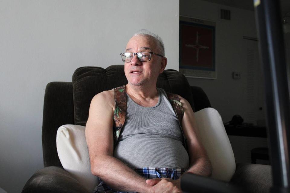 Pedro Arvelo, 68, lives alone at home and spends most of his time on his lift recliner.