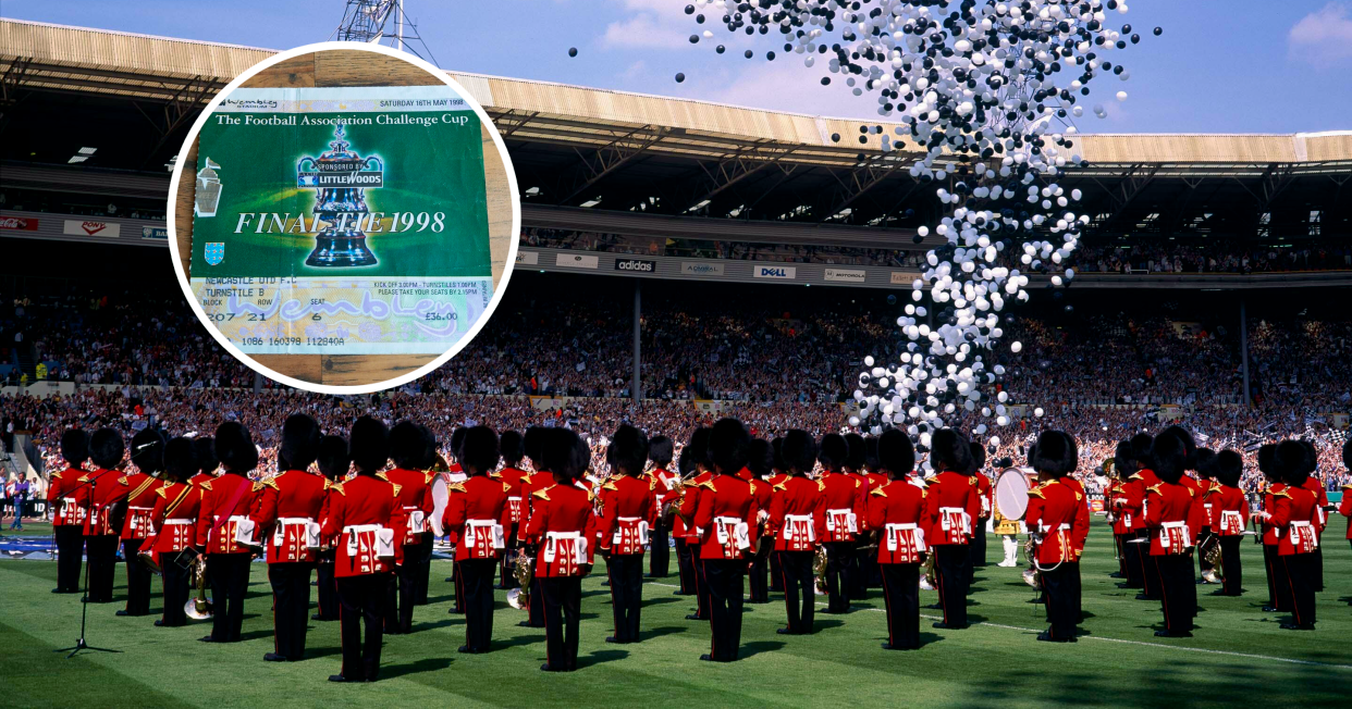  The Scots Guard brass band play on the pitch at Wembley Stadium before the 1998 FA Cup Final Arsenal vs Newcastle 