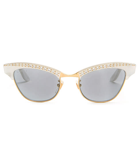 <p><strong>Gucci </strong>sunglasses, $419, matchesfashion.com</p><p><a rel="nofollow noopener" href="https://www.matchesfashion.com/us/products/Gucci-Embellished-cat-eye-acetate-sunglasses--1190564" target="_blank" data-ylk="slk:BUY NOW;elm:context_link;itc:0;sec:content-canvas" class="link ">BUY NOW</a><br></p>
