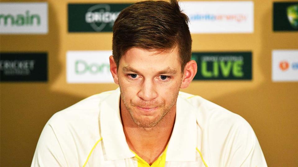 Tim Paine (pictured) looking upset at a press conference.