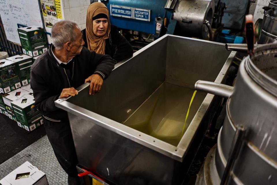 A man and woman watch as olive oil pours from a spout into a steel vat