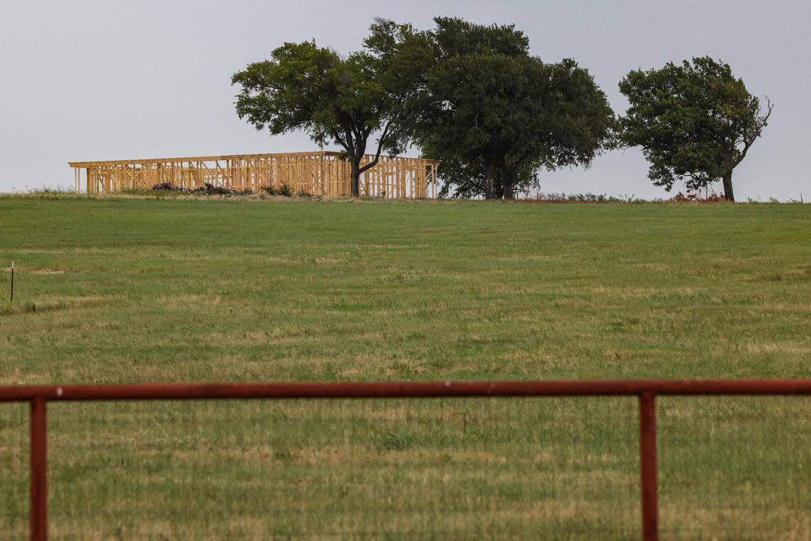 New housing developments being built in the rural town of Krum, TX on Friday, July 14, 2023.