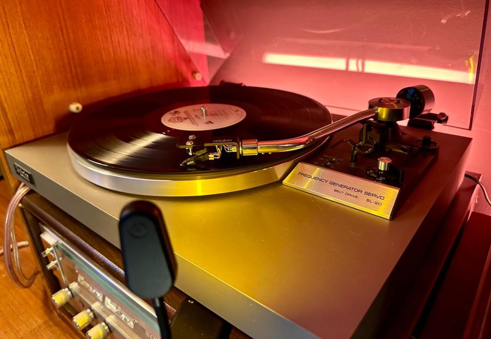 One of Sean Davidson's vintage turntables for playing vinyl records.