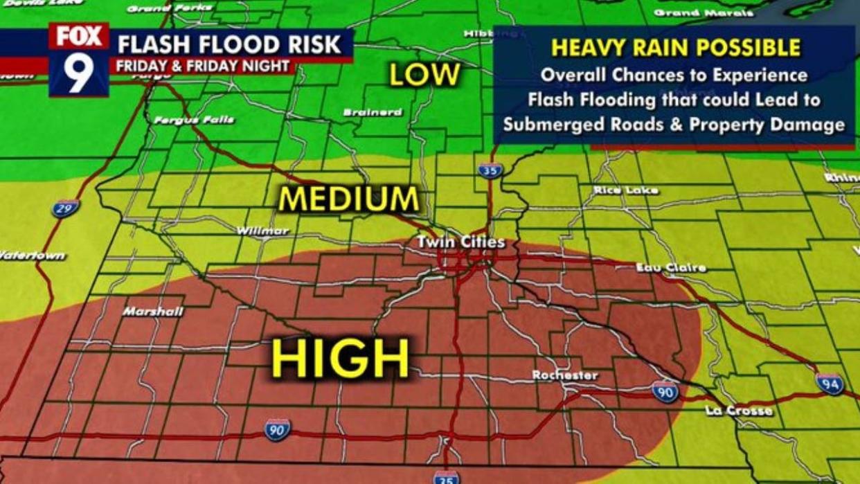 <div>The flash flood threat for Friday.</div> <strong>(FOX 9)</strong>