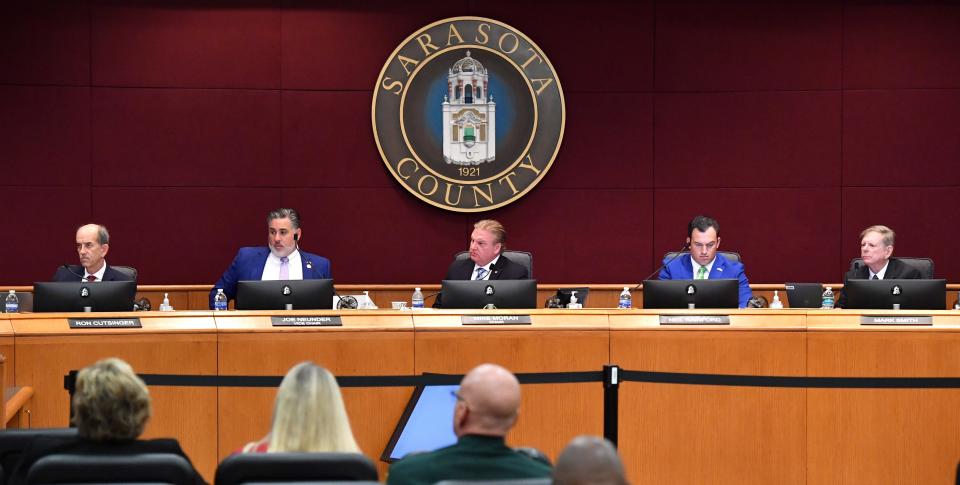 The five members of the Sarasota County Commission are Ron Cutsinger, District 5, left; Joe Neunder, District 4; Michael Moran, District 1; Neil Rainford, District 3; and Mark Smith, District 2