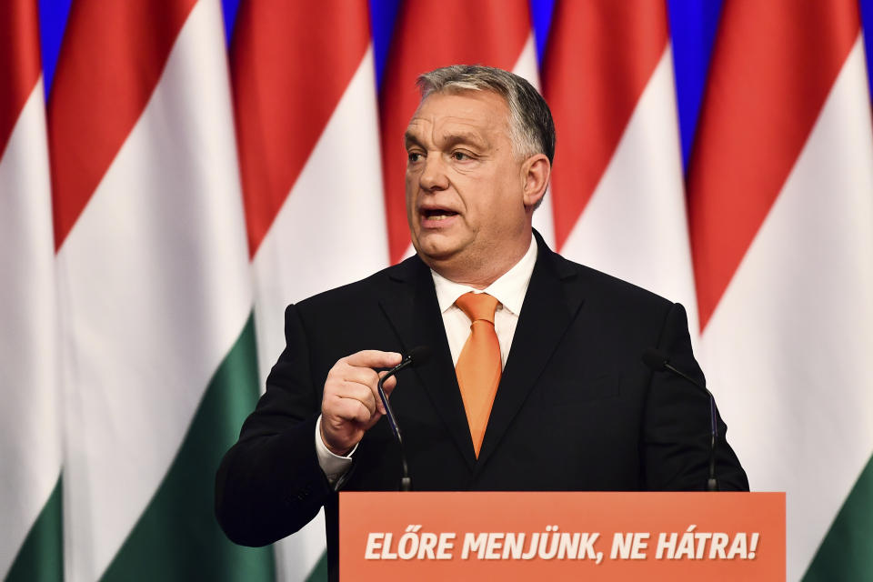 Viktor Orban delivers his annual state of the nation speech in Varkert Bazaar conference hall of Budapest, Hungary, Saturday, Feb 12, 2022. He is preparing with his right-wing party FIDESZ for the upcoming elections on April 3. (AP Photo/Anna Szilagyi)