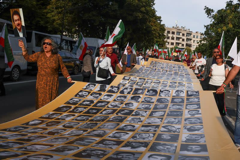 Iranian diaspora in Europe take part in a rally on the eve of the first anniversary of the death of Mahsa Amini which prompted protests across the country, in Brussels