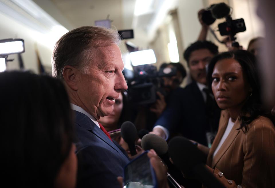 U.S. Rep. Kevin Hern, R-Okla., speaks to reporters as House Republicans hold a caucus meeting at the Longworth House Office Building on October 13, 2023 in Washington, DC.