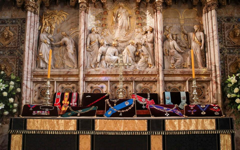 Insignia belonging to Prince Philip are placed on the altar in St George's Chapel, Windsor - Reuters