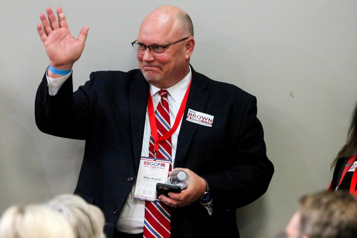 <span>Mike Brown in Topeka, Kansas, on 11 February 2023, before he became chair of the state Republic party.</span><span>Photograph: John Hanna/AP</span>