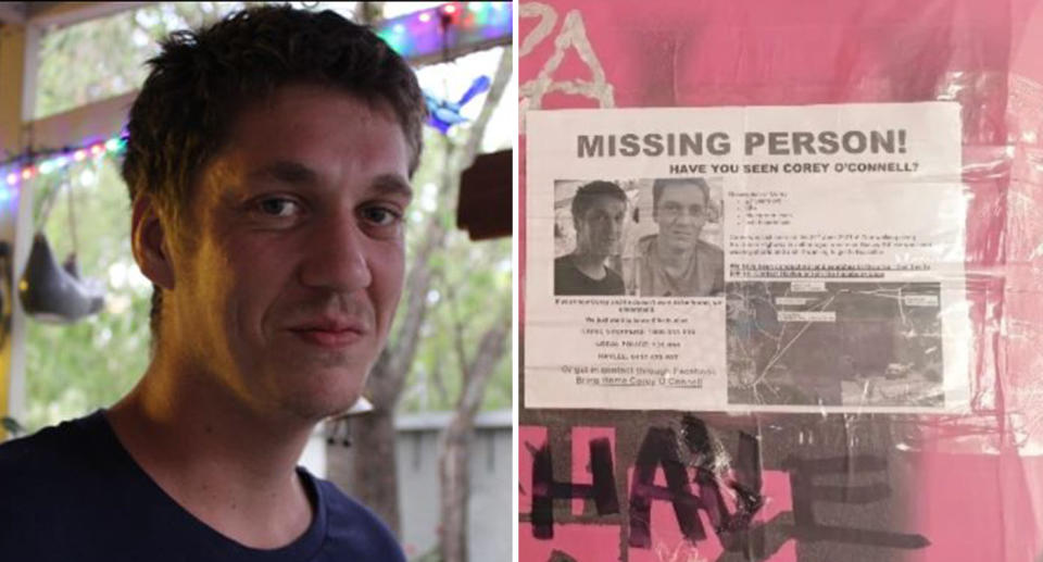 Left, a picture of Corey O'Connell can be seen as he smile to the camera. Right, a 'missing person' poster can be seen taped to a wall in a public area. 