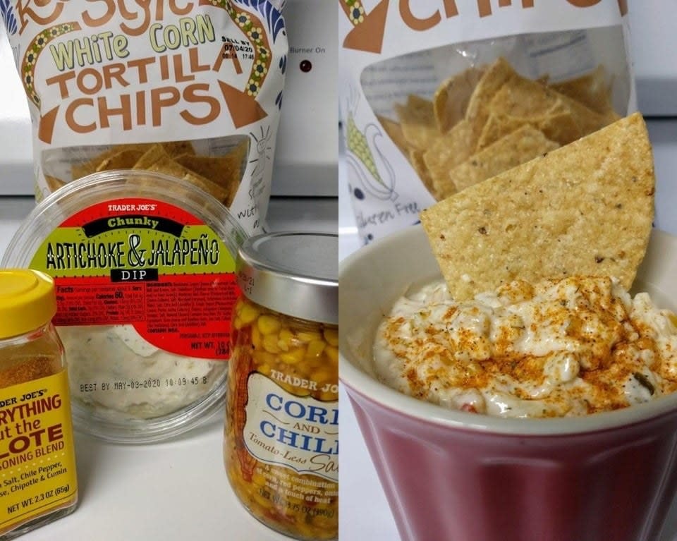 Ingredients and elote corn artichoke dip.