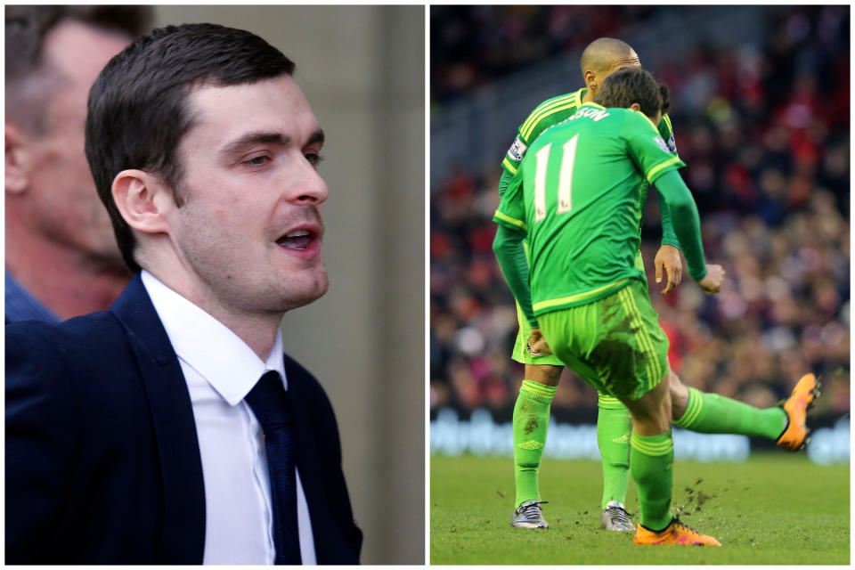 Adam Johnson arriving at Bradford Crown Court for his sentencing in 2016, left, and scoring for Sunderland just days before his trial began, right. (PA)