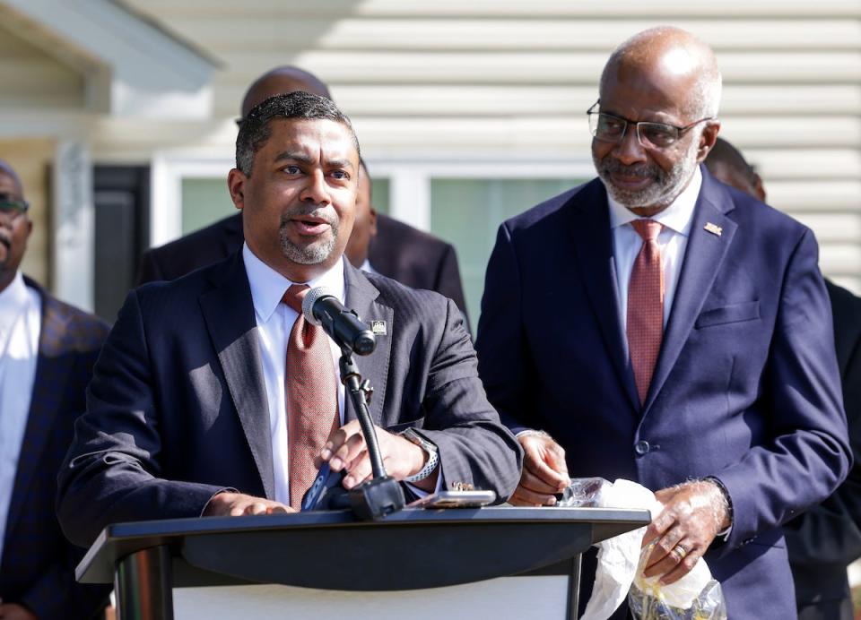 David Sheppard of the Thurgood Marshall College Fund speaks as members of the U.S. Department of Education visit FAMU’s recently purchased Rattler Pointe housing Wednesday April 26, 2023. The units were purchased with HEERF funds.