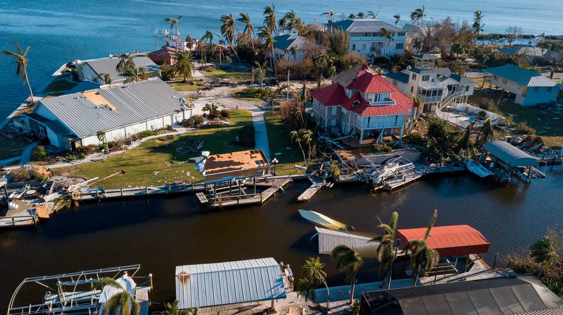 An aerial view of hurricane damage on the southern tip of St. James City on Friday, Sept. 30, 2022, in Pine Island, Fla. Hurricane Ian made landfall on the coast of South West Florida as a category 4 storm Tuesday afternoon leaving areas affected with flooded streets, downed trees and scattered debris.