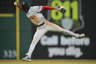 Boston Red Sox shortstop Ceddanne Rafaela throws to first for the out on Cleveland Guardians' Steven Kwan during the eighth inning of a baseball game, Wednesday, April 24, 2024, in Cleveland. (AP Photo/David Dermer)