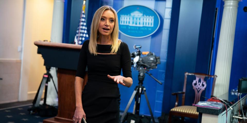 White House press secretary Kayleigh McEnany talks with reporters in the briefing room of the White House, Thursday, April 30, 2020, in Washington. (AP Photo/Evan Vucci)