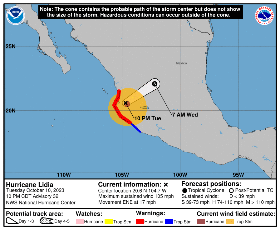 The projected path of Hurricane Lidia. Oct. 10, 2023.  / Credit: NOAA / National Weather Service