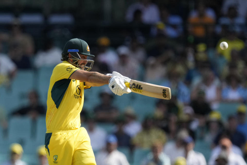 Australia's Matt Short drives the ball off the bowling Fromm the West Indies' Alzarri Joseph during their one day international cricket match in Sydney, Sunday, Feb. 4, 2024. (AP Photo/Rick Rycroft)