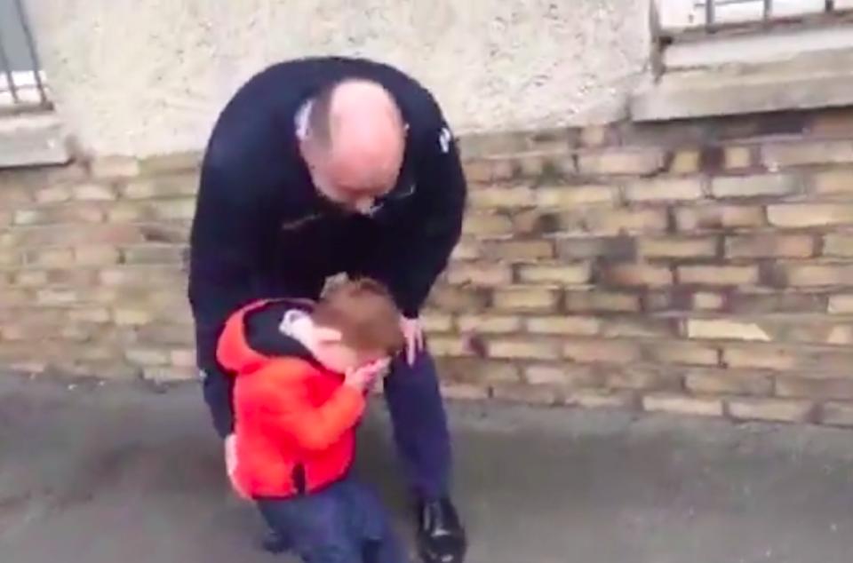 <em>The emotional lad was led over to his dad to give him a big hug (Storyful)</em>