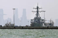 <p>The USS John S. McCain is seen docked at Changi naval base after its accident on Aug. 21, 2017 in Singapore. The USS John S. McCain was docked at Singapore’s naval base with “significant damage” to its hull (blocked by berth) after an early morning collision with the oil tanker Alnic MC as vessels from several nations searched Monday for missing U.S. sailors. (Photo: Wong Maye-E/AP) </p>