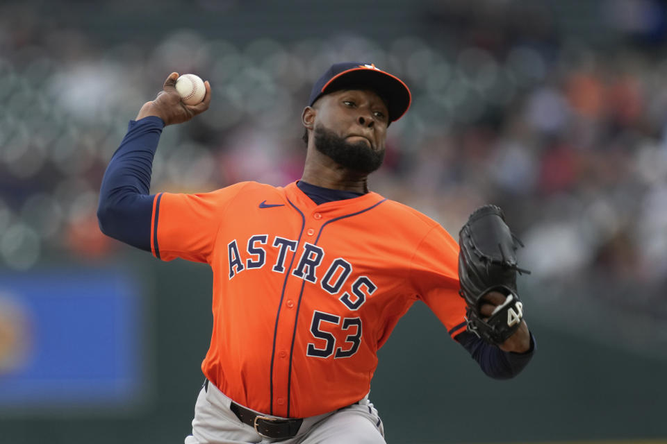 Houston Astros pitcher Cristian Javier throws against the Detroit Tigers in the first inning of a baseball game, Saturday, May 11, 2024, in Detroit. (AP Photo/Paul Sancya)