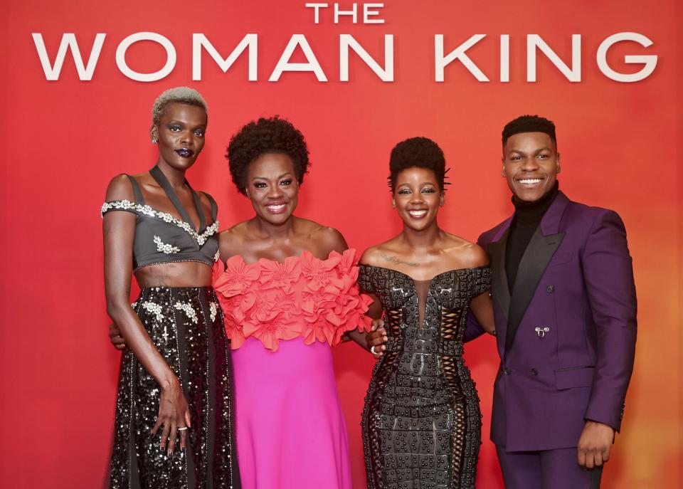 Sheila Atim, Viola Davis, Thuso Mbedu, and John Boyega attend "The Woman King" Photo Call on September 09, 2022 in Toronto, Ontario.